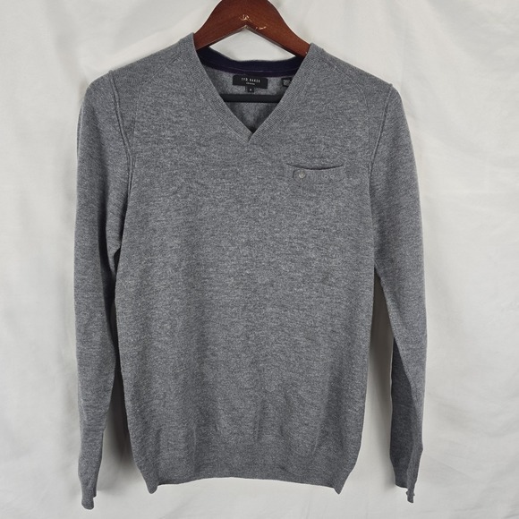 Ted Baker London Men's Sweater Size 2 M Gray Vneck Wool Cashmere Lightweight - Picture 1 of 9